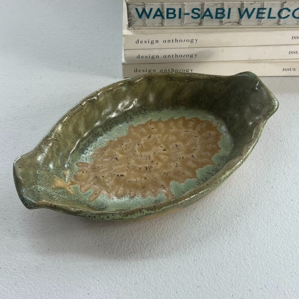 Pottery Art Green Brown Au Gratin Dish Oval Serving Stoneware Hand Made & Signed